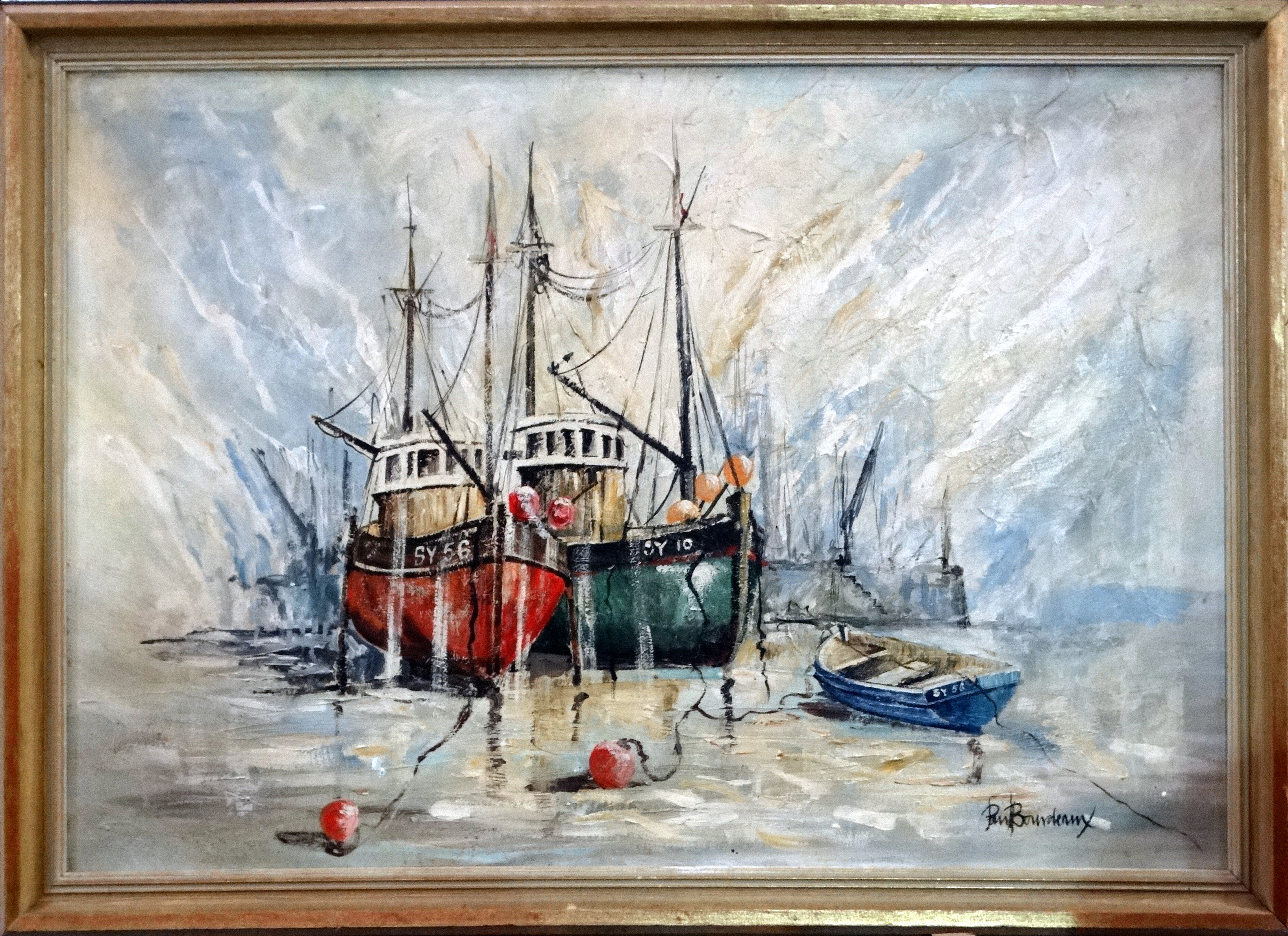 Paul BOURDEAUX Fishing Boats Stornoway Harbour Low Tide Oil on board Signed lower right Framed