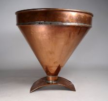 A large early 20th century copper barrel funnel - of conical form, with a curved strap support,