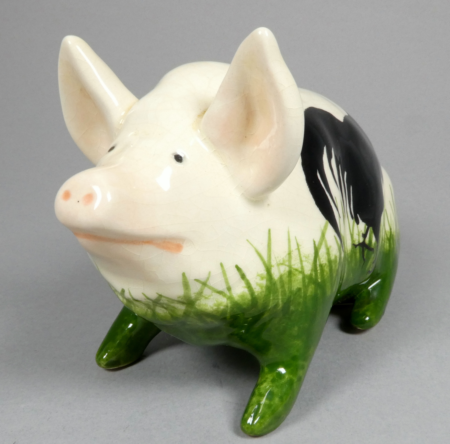 A Wemyss Griselda Hill pottery pig - seated, decorated with black chickens, width 18cm. - Image 2 of 5