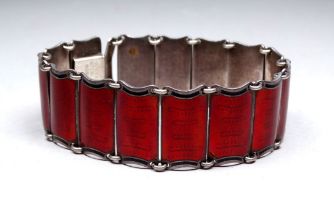 A 20th century silver and red guilloche enamel bracelet - formed from fifteen rectangular panels,