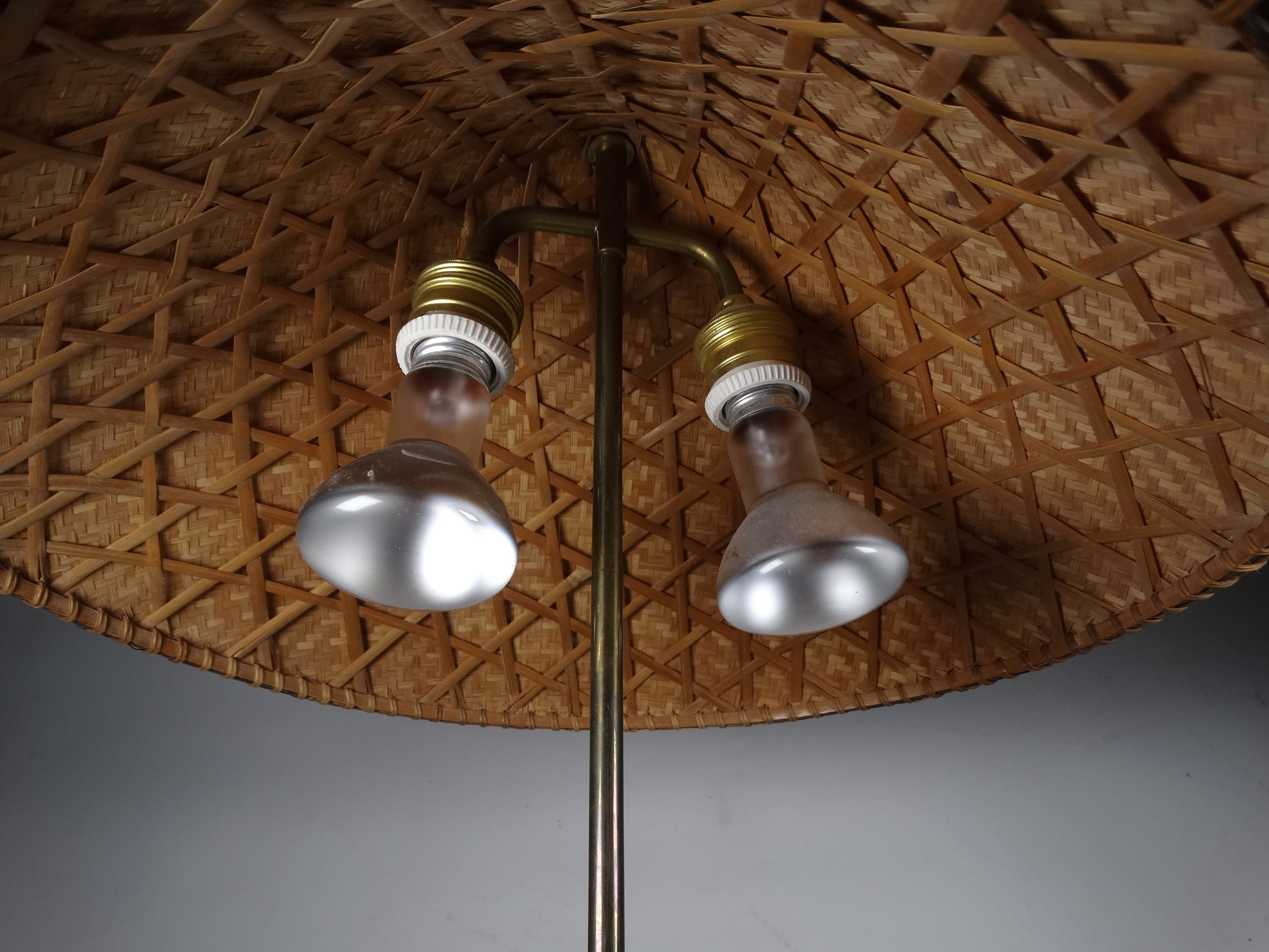 A 20th century oriental table lamp - of square form with abacus panels and a conical rafia shade, - Image 3 of 4