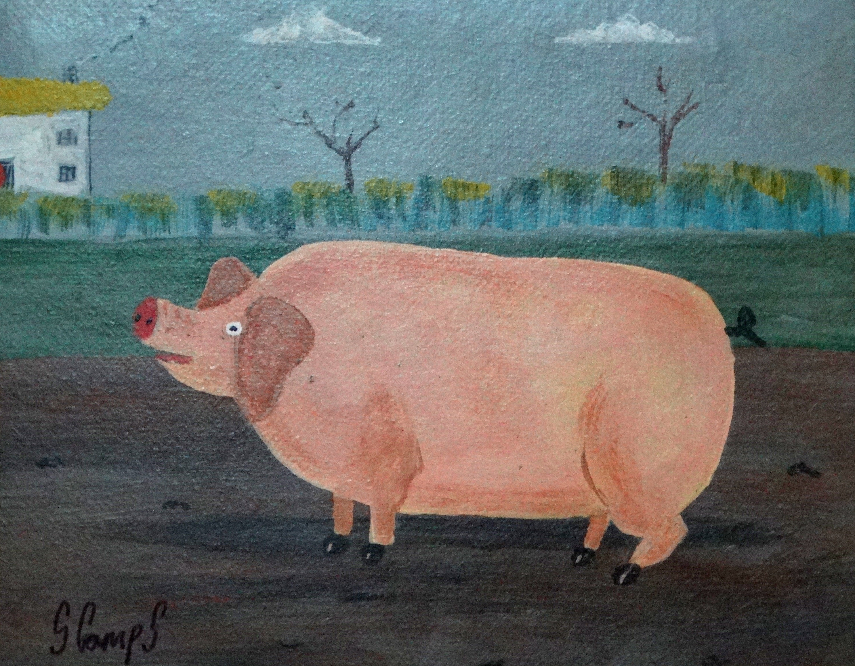 Steve CAMPS (British b. 1957) Pig Robinson Oil on board Signed lower left Framed Picture size 18 x