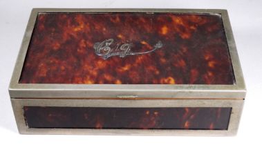 An early 20th century faux tortoiseshell cigar box - Birmingham 1909, rectangular with white metal