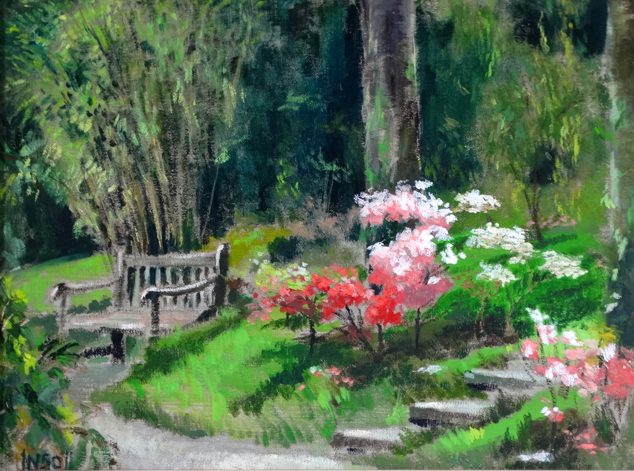 # Chris INSOLL (British b. 1956) Quite Garden Bench Oil on canvas Signed lower left, gallery label - Image 3 of 6