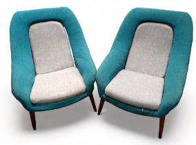 A pair of Toothill Kendal Series 1 easy chairs - with petrol blue and grey upholstery raised on