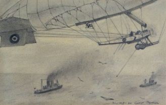 British Early 20th Century School Blimp On Coast Patrol Pencil on paper Titled lower right and