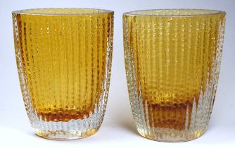 A pair of textured vases by Kurt Wokan for Ingrid Glass - oval in golden amber colourway, etched