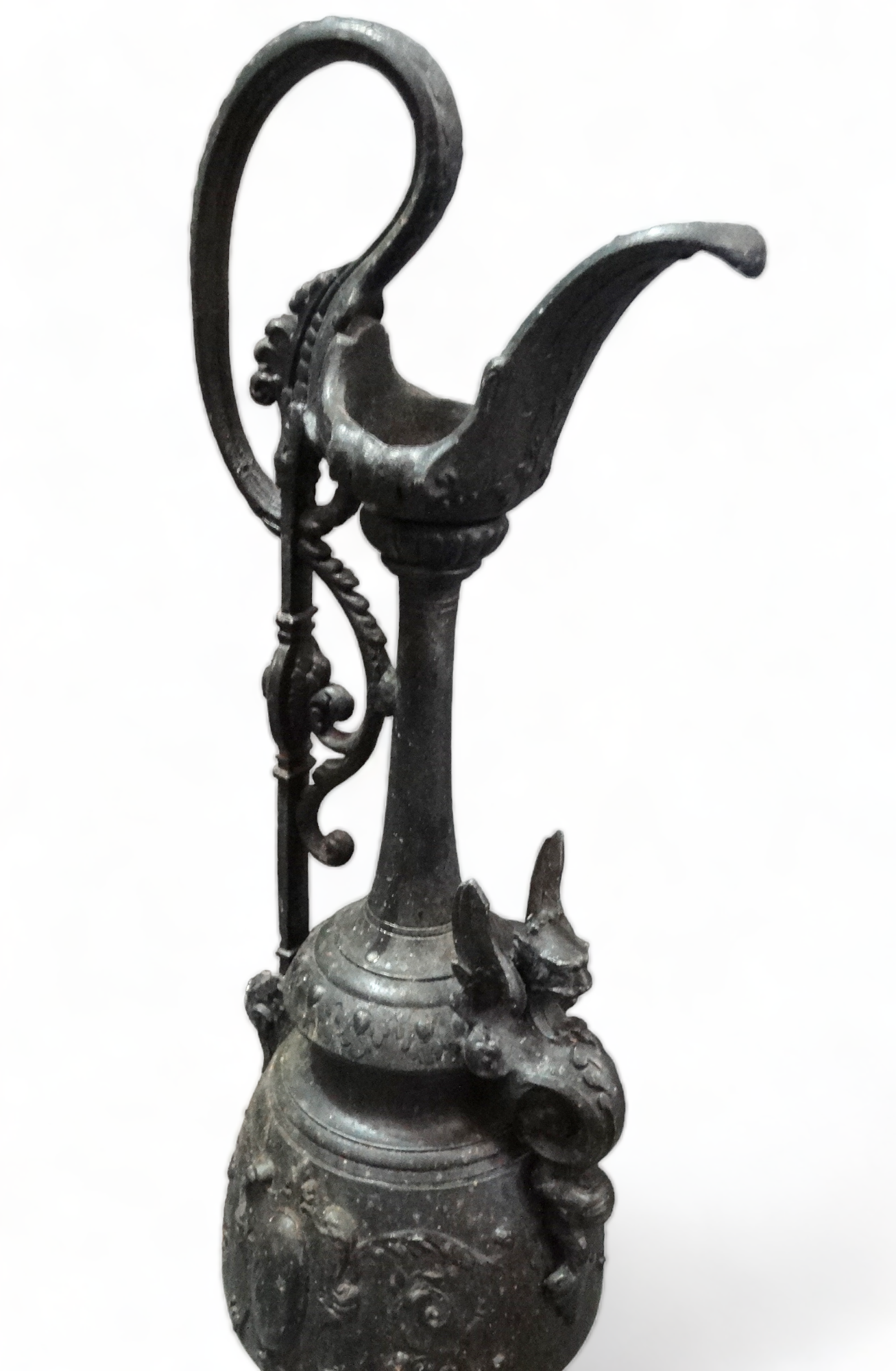 After the antique, a cast metal ewer - decorated with flowers and masks on a socle base, height - Image 3 of 5