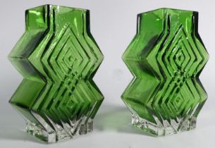 A pair of Whitefriars Double Diamond vases - designed by Geoffrey Baxter in meadow green