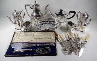 A quantity of plated wares - including a three piece tea service, two coffee pots, boxed fish