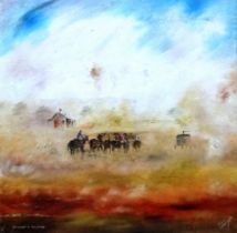 Frank HARDING (Australian 1935-1990) Bringing In The Cattle Oil on canvas laid down Signed lower
