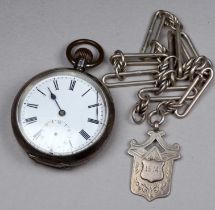 A silver case open face pocket watch - the white enamel dial set out in Roman numerals with a