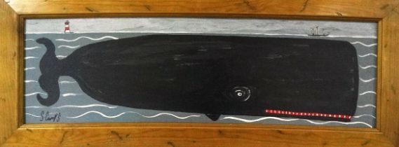 Steve CAMPS (British b. 1957) Big Whale Oil on board Signed lower left Framed Picture size 19 x 63cm