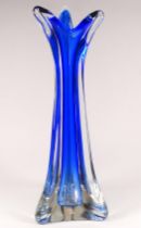 A summerso stem vase - deep blue, of triangular tapering form, height 40cm.