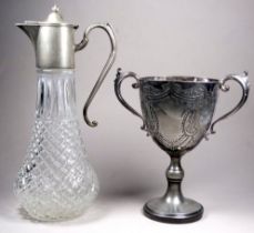 A 20th century hobnail clear glass claret jug - with white metal mounts, height 29cm, together