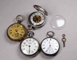 A silver cased open face pocket watch - the white enamel dial set out with Roman numerals with a