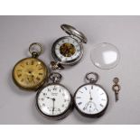 A silver cased open face pocket watch - the white enamel dial set out with Roman numerals with a