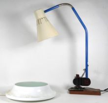 A vintage desk lamp - with white shade on a blue rod support incorporating a gooseneck, height 64cm,