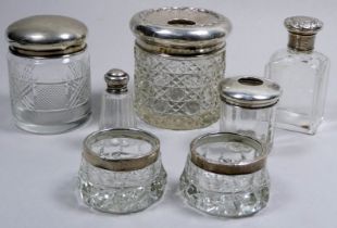 A silver mounted and cut glass pin jar - Brimingham 1900, together with six further glass and silver