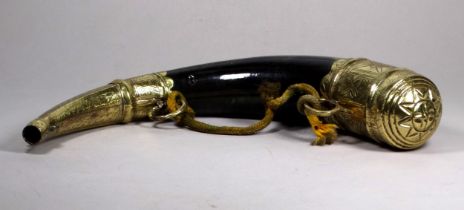 A late 19th/early 20th century Persian horn and brass mounted powder flask - width 36cm.