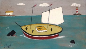 Steve CAMPS (British b. 1957) Fishing Vessel With Whale And Seal Oil on board Signed lower left