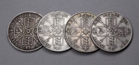 Four Victorian double florins - dated 1887,1888, 1889 and 1890.