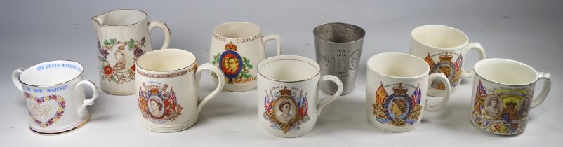 Eight various Royal commemorative mugs - including Elizabeth II, George V, George VI and Victoria.