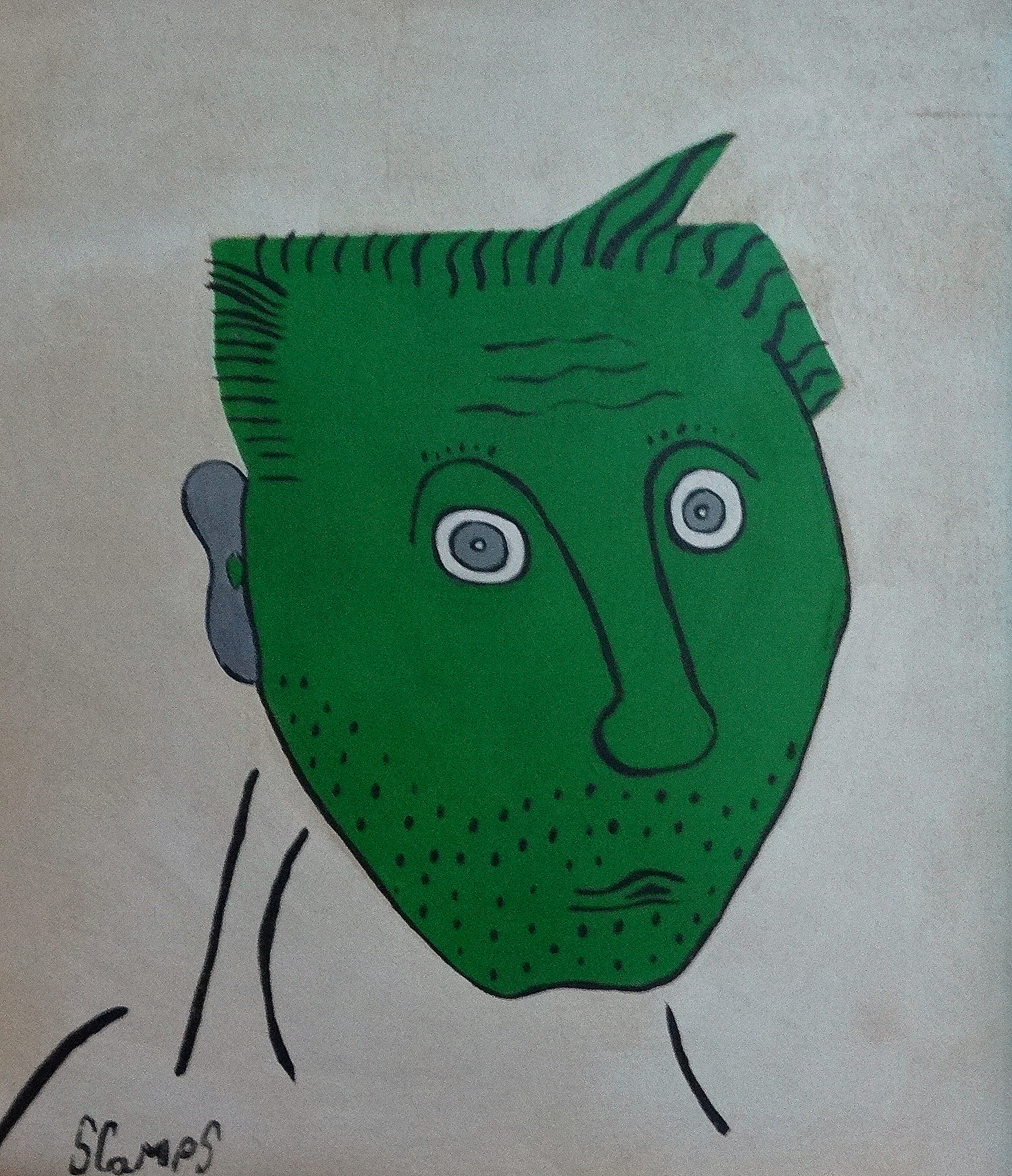 Steve CAMPS (British b. 1957) Green Headed Man Oil on board Signed lower left Framed Picture size 33