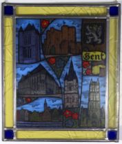 A set of four 20th century stained glass panels - depicting continental towns, dated 1982, each