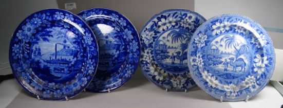 A pair of mid 19th century blue and white transfer decorated plates - depicting a figure with a
