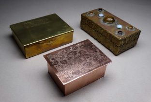 An early 20th century brass stamp box - rectangular and set with jewels, width 9cm, together with