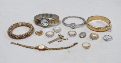 A small quantity of costume jewellery - including a gilt metal bangle and two wristwatches.