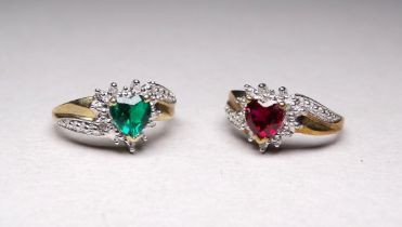 A 9ct gold ruby and diamond set ring - with a heart shaped central stone, weight 2.2g, together with