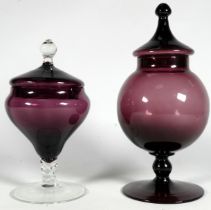 Empoli glass - a globe shaped lidded stem vase, aubergine coloured, height 21cm, together with
