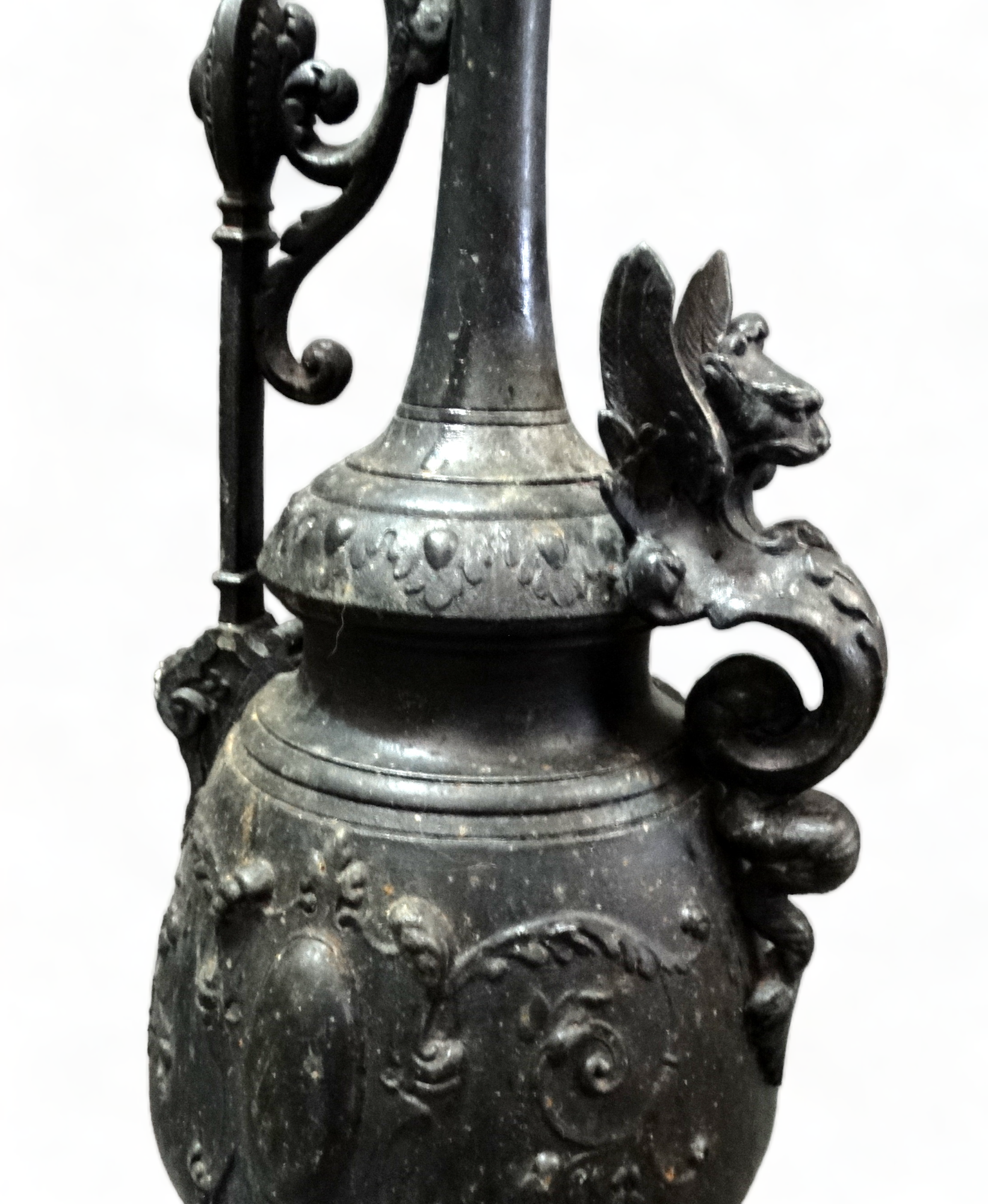 After the antique, a cast metal ewer - decorated with flowers and masks on a socle base, height - Image 4 of 5