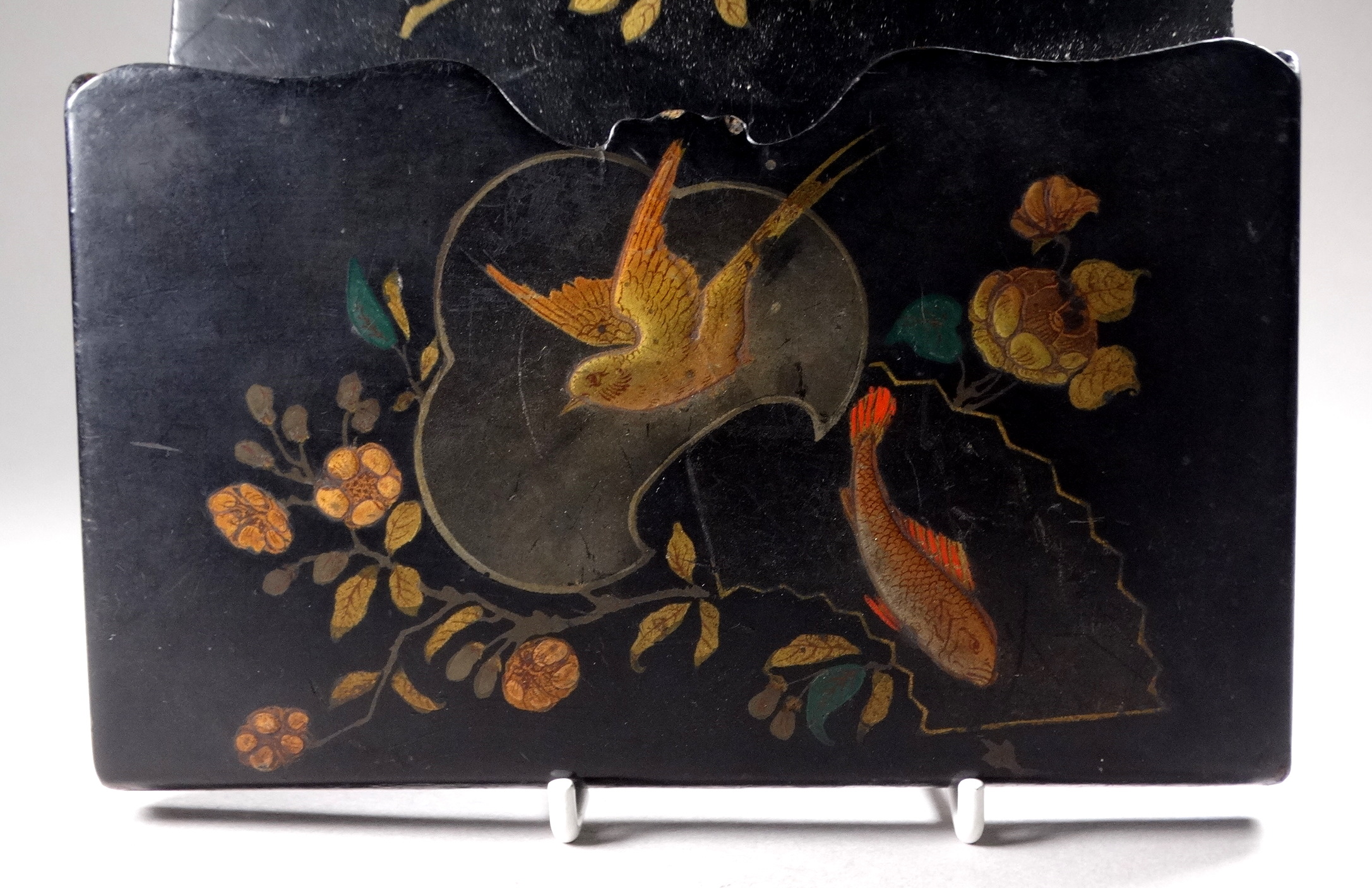 A 19th century papier mache letter rack - gilt decorated with birds and a carp, width 17cm. - Image 4 of 4