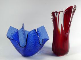 A 20th century summerso vase - red high splash form, height 29cm, together with a blue