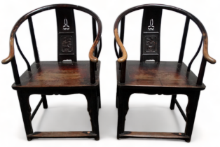 A pair of 19th century Chinese oriental hardwood horseshoe back chairs - with pierced and carved