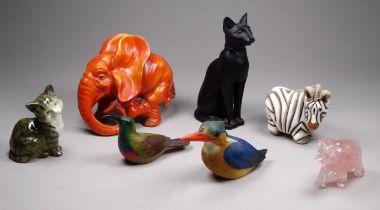 A Beswick tabby cat - height 8cm, together with a collection of other ceramic and cast animals. (7)