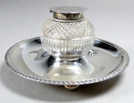 A silver and cut glass inkwell - London 1900, Horace Woodward & Co Ltd, the globe shaped body with a