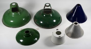 A vintage green enamel shade - with white reflector, together with five other similar style