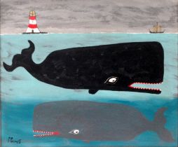 Steve CAMPS (British b. 1957) Two Whales, Schooner and Lighthouse Oil on board Signed lower left