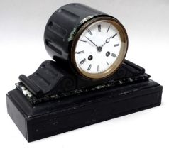 A late 19th century black slate mantel clock - with green marble mounts, the white enamel dial set