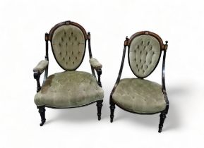 An Aesthetic Movement button upholstered chair - ebonised with amboyna inlay, gilt detail and open