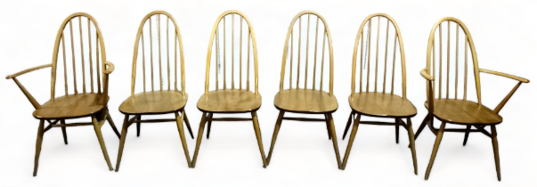 A set of six Ercol elm and beech Quaker style dining chairs - including two with arms, model 365 and