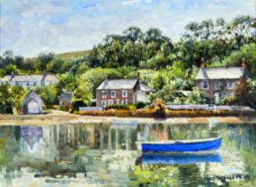 # Margaret MERRY (British 20th-21st Century) Blue Boat on the Helford Oil on canvas Signed lower