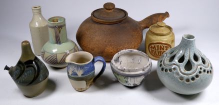 A small collection of studio pottery - including an onion shaped censer, a cream jug decorated