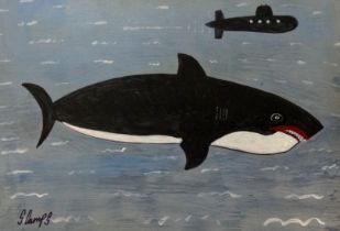 Steve CAMPS (British b. 1957) Killer Whale And Submarine Oil on board Signed lower left Framed