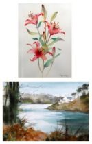 John LAVERS (British 20th Century) Pink Lillies Watercolour Signed lower right Framed and glazed