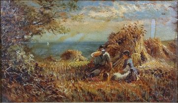 19th Century English School Labourer Resting in a Cornfield with the Sea Beyond Oil on board